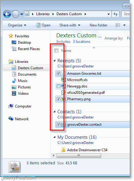 Zrzut ekranu systemu Windows 7 - użyj pól wyboru, aby wybrać elementy, groovy!