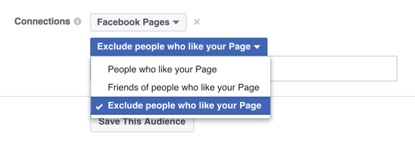 opcja kierowania reklam na Facebooku w celu wykluczenia osób, które już polubiły stronę