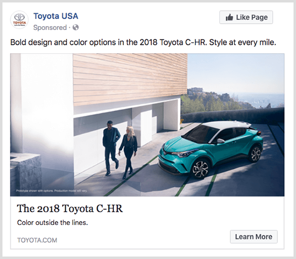 Reklama angażująca na Facebooku firmy Toyota przedstawia turkusową Toyotę C-HR i ma przycisk Dowiedz się więcej.