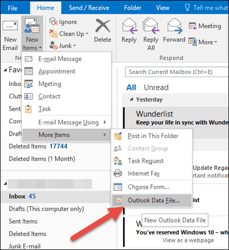 Outlook 2016 - Utwórz plik danych programu Outlook - PST