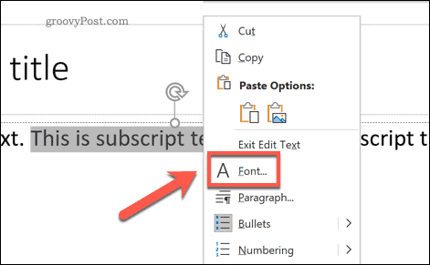 Dostęp do menu opcji czcionek w programie PowerPoint w systemie Windows za pośrednictwem wyskakującego menu opcji