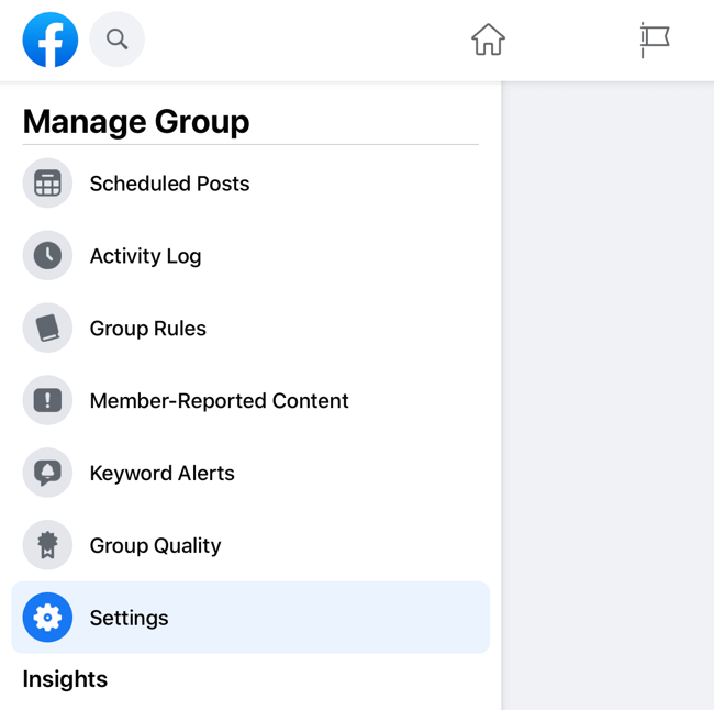 zrzut ekranu menu zarządzania grupą na Facebooku z podświetloną opcją ustawień