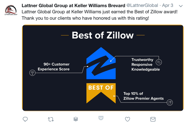 Jak wykorzystać dowód społeczny w marketingu, przykład nagrody i podziękowania dla klientów od Lattner Global Group w Keller Williams Brevard