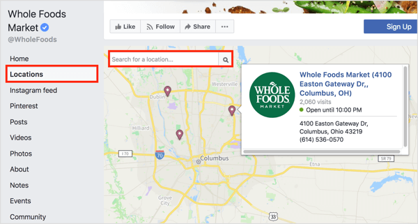 Kliknięcie zakładki Lokalizacje na stronie Facebooka pokazuje poszczególne lokalizacje na mapie. 