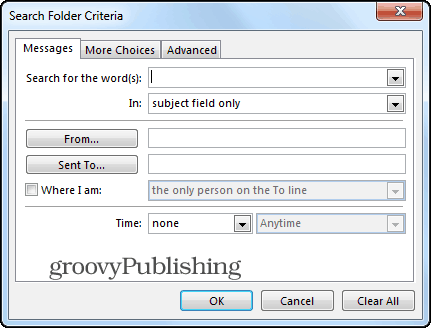 Kryteria niestandardowe folderów wyszukiwania programu Outlook 2013