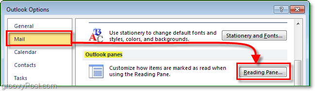w menu opcji programu Outlook 2010 kliknij opcję poczta, a następnie kliknij okienko odczytu