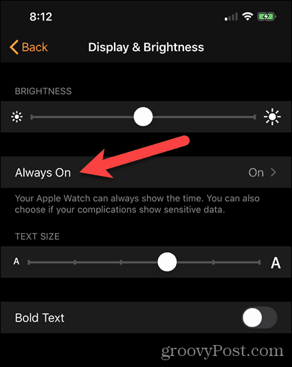 Stuknij opcję Zawsze włączony w aplikacji Watch na telefonie iPhone