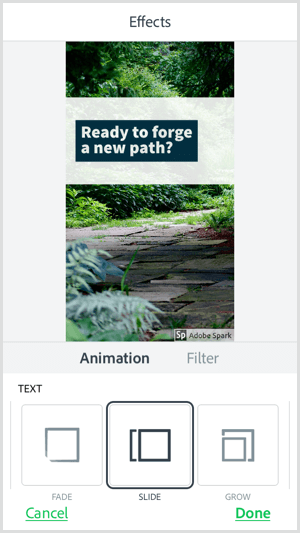 Wybierz opcję animacji tekstu w aplikacji mobilnej Adobe Spark Post.