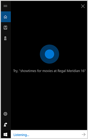 Cortana, interfejs konwersacyjny systemu Windows, to czarne pionowe pudełko z niebieską kropką pośrodku. Białe pole u dołu oznacza, że ​​urządzenie Windows nasłuchuje.