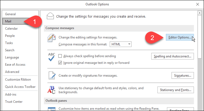 Kliknij opcję Poczta, a następnie Opcje edytora w programie Outlook