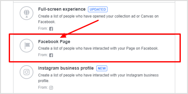 Wybierz stronę na Facebooku jako typ zaangażowania.