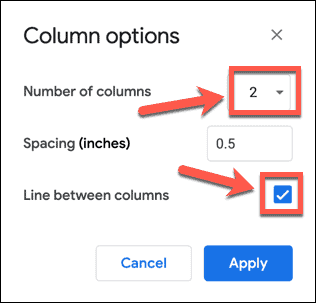 Wybieranie opcji kolumn w Dokumentach Google