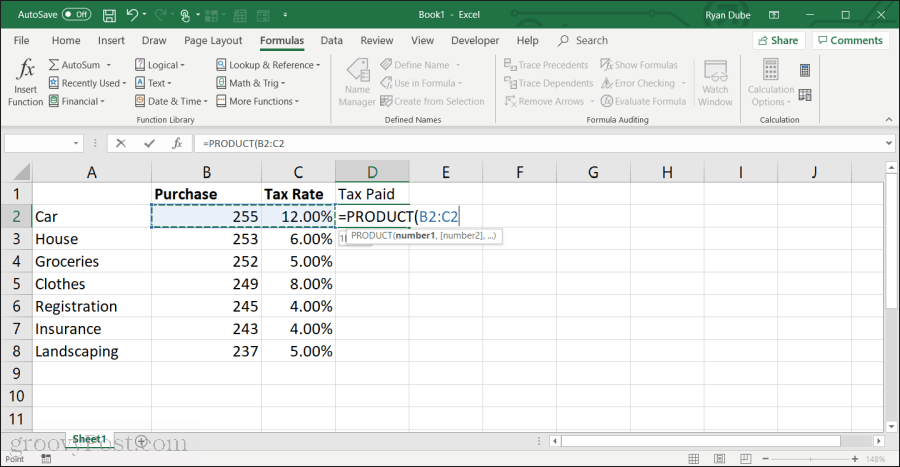za pomocą funkcji produktu w programie Excel