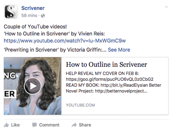 Scrivener udostępnia wideo z YouTube, które użytkownicy mogą polubić na swojej stronie na Facebooku.