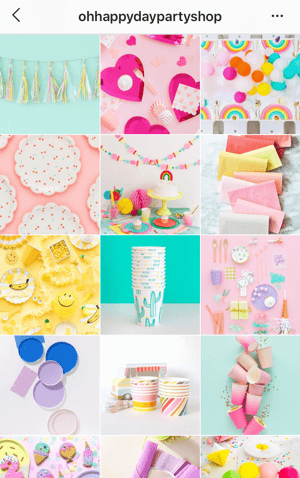 Jak ulepszyć swoje zdjęcia na Instagramie, przykładowy motyw kanału na Instagramie z Oh Happy Day Party Shop przedstawiający jasną paletę kolorów