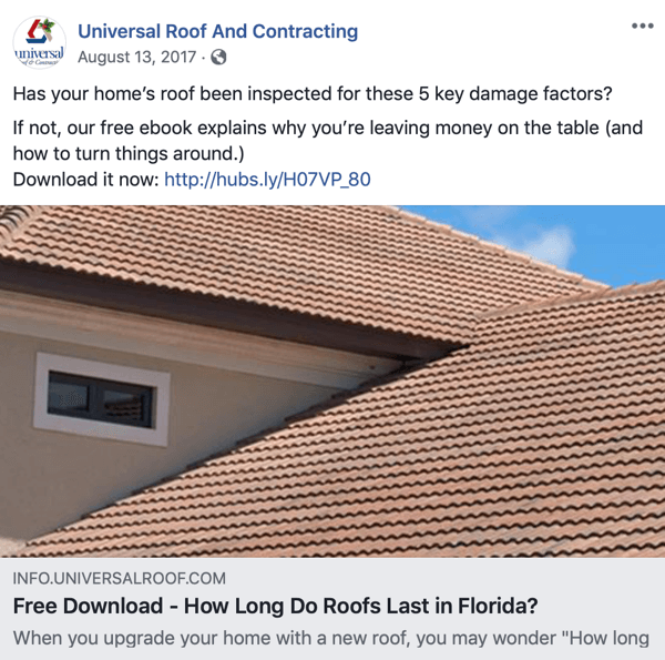 Przykład pośredniej oferty sprzedaży dla wyceny pokrycia dachowego na Facebooku.
