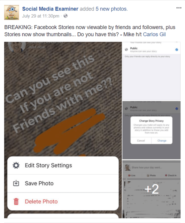 Facebook udostępnia publiczne udostępnianie i miniatury dla relacji.