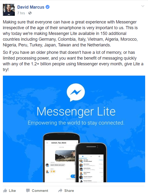 Facebook Messenger Lite jest teraz dostępny w większej liczbie krajów na całym świecie.