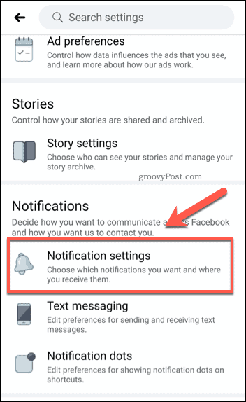 Opcja ustawień powiadomień mobilnych na Facebooku