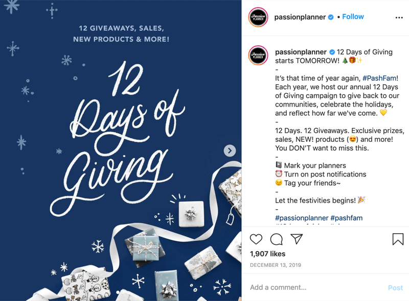 przykład konkursu na instagramowe prezenty na 12 dni od @passionplanner ogłaszającego, że gratisów rozpoczyna się następnego dnia