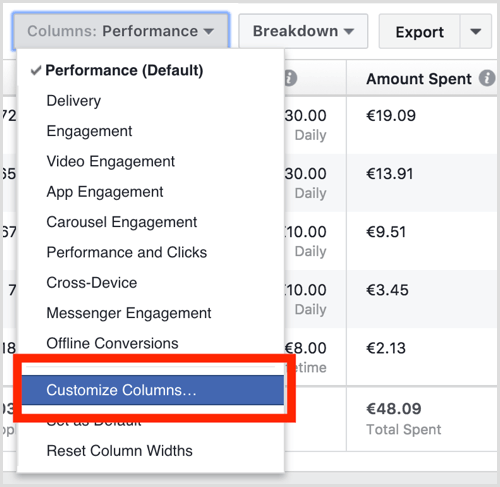 Menedżer reklam na Facebooku dostosuj kolumny