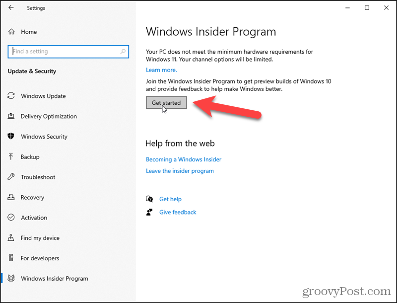 Kliknij Rozpocznij dla niejawnego programu testów systemu Windows