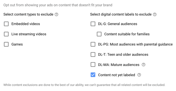 Jak skonfigurować kampanię reklamową w YouTube, krok 15, ustawić wykluczone typy i opcje etykiet