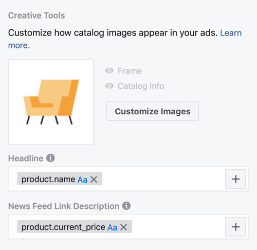 Użyj narzędzia konfiguracji wydarzeń na Facebooku, krok 30, opcje menu, aby dostosować sposób wyświetlania obrazów z katalogu w reklamach na Facebooku