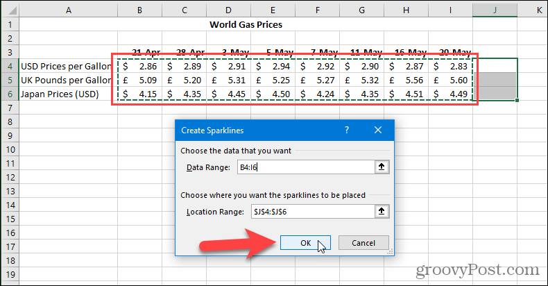 Utwórz okno dialogowe wykresów przebiegu w czasie w programie Excel