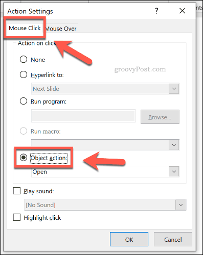 Ustawienie obiektu do otwarcia za pomocą kliknięcia myszy w PowerPoint
