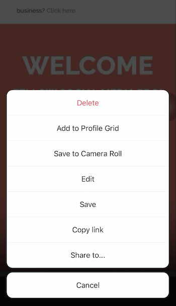 zrzut ekranu z opcjami menu udostępniania bębnów Instagram, które umożliwiają udostępnianie w profilu, rolce z aparatu, kopiowanie linku lub udostępnianie w…