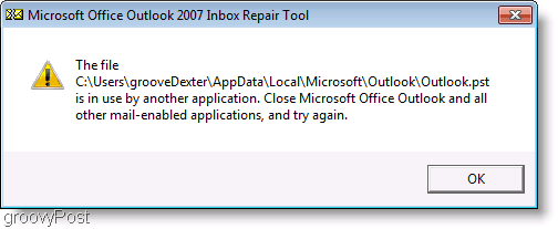 Zrzut ekranu - okno komunikatu naprawy ScanPST programu Outlook 2007