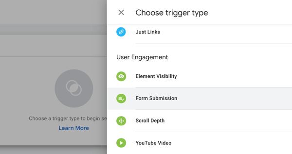 Użyj Google Tag Manager z Facebookiem, krok 19, opcje menu, aby wybrać typ wyzwalacza w Google Tag Manager