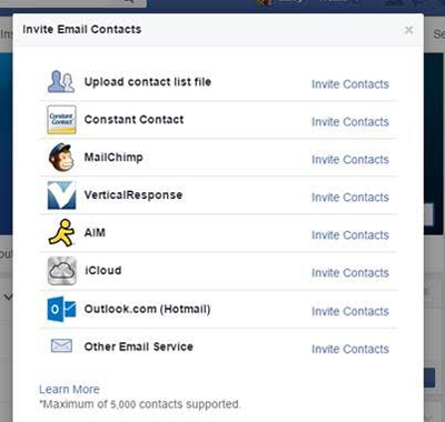 funkcja importu kontaktów e-mail ze strony na Facebooku