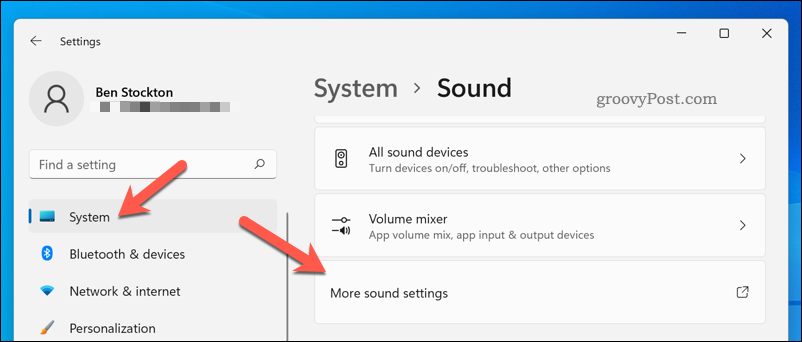 Otwieranie menu Więcej ustawień dźwięku w systemie Windows 11
