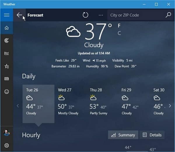Prognoza pogody dla systemu Windows 10