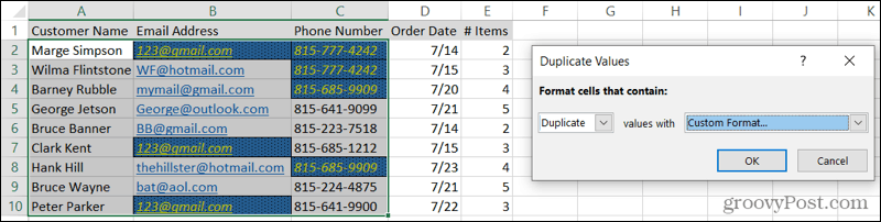 Niestandardowe sformatowane duplikaty w programie Excel