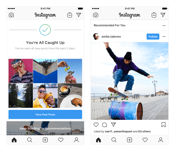 Instagram testuje polecane posty w kanale. Te rekomendacje są oparte na osobach, które obserwujesz oraz na zdjęciach i filmach, które lubisz. Będą wyświetlane na końcu Twojego kanału, gdy zobaczysz wszystko, co nowe od osób, które obserwujesz.