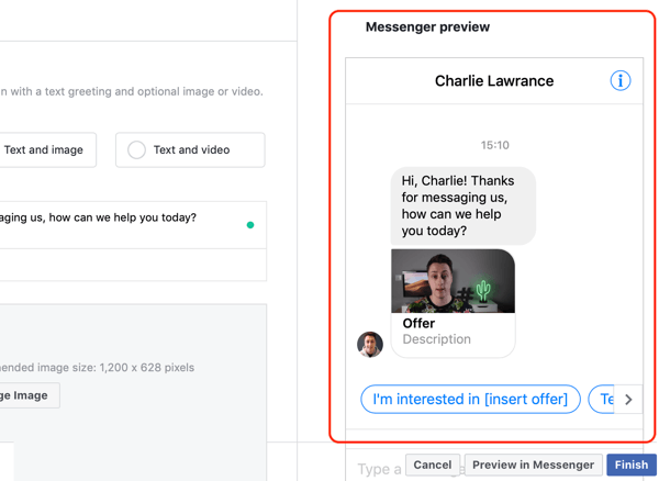 Jak dotrzeć do ciepłych potencjalnych klientów za pomocą reklam na Facebooku Messenger, krok 14, podgląd niestandardowego szablonu miejsca docelowego dla komunikatora