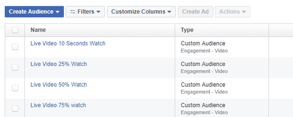 W Menedżerze reklam na Facebooku użyj narzędzia Odbiorcy, aby zdefiniować odbiorców retargetingu na podstawie wyświetleń filmów na żywo na Facebooku.