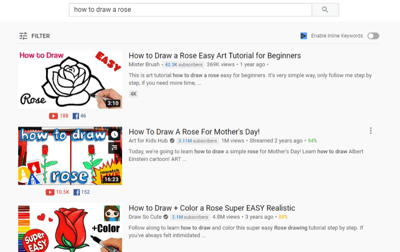 przykład najlepszych filmów z YouTube w wynikach wyszukiwania youtube dla „jak narysować różę”
