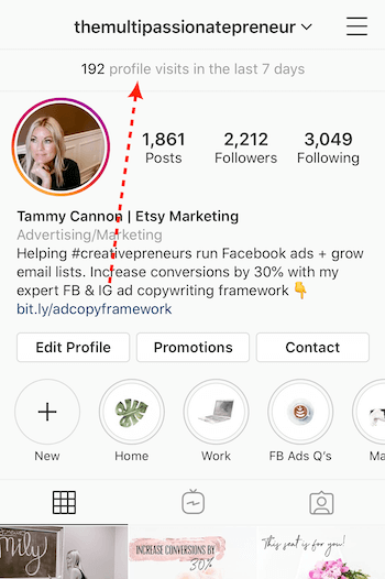 liczba odwiedzin profilu wymieniona u góry profilu biznesowego na Instagramie