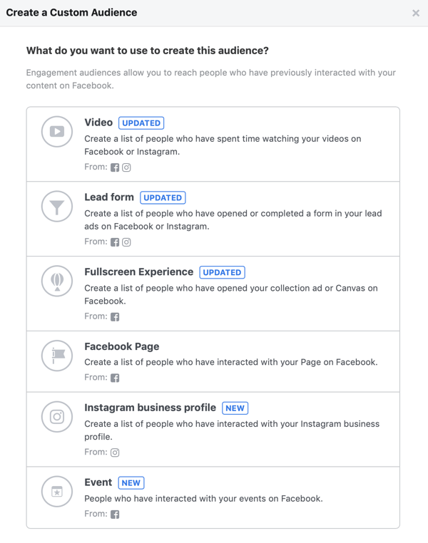 Opcje tego, czego chcesz użyć, aby utworzyć tę grupę odbiorców dla niestandardowych odbiorców na Facebooku.