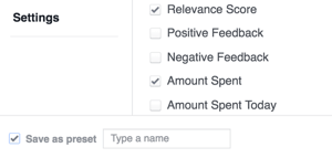 Zapisz ustawienia wyników na Facebooku jako szablon.