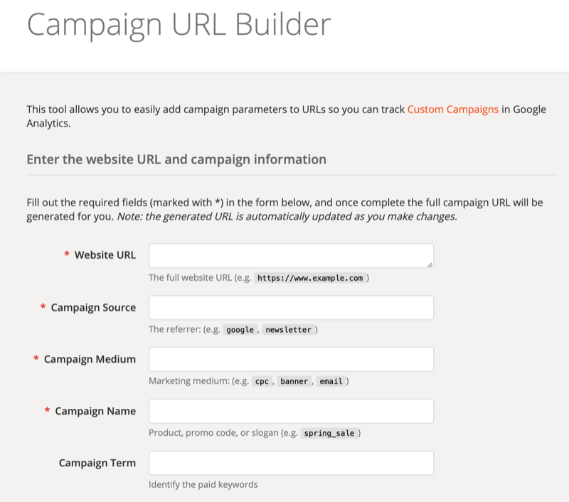 Ekran konfiguracji narzędzia Google Analytics Campaign URL Builder