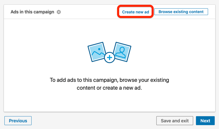 Utwórz nową opcję reklamy w konfiguracji kampanii LinkedIn