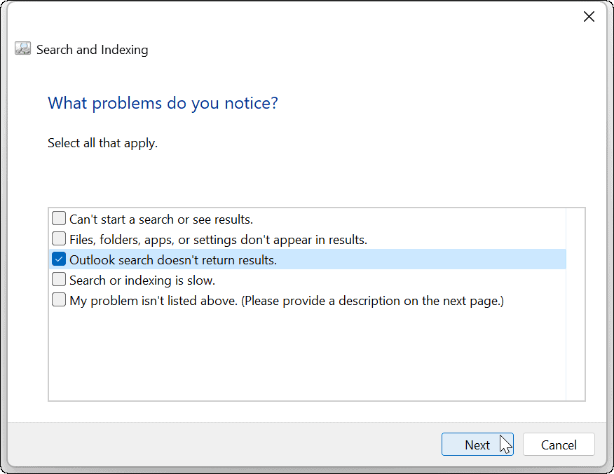 Wyszukiwanie w systemie Windows 11 w programie Outlook nie działa