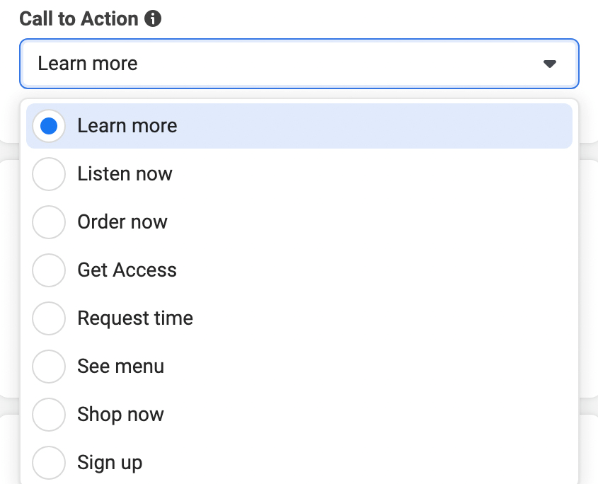 obraz opcji przycisku wezwania do działania w Meta Ads Manager