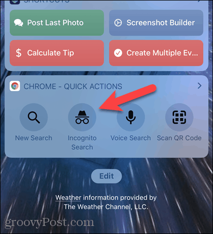 Stuknij opcję Wyszukiwanie incognito w widżecie Chrome na iOS