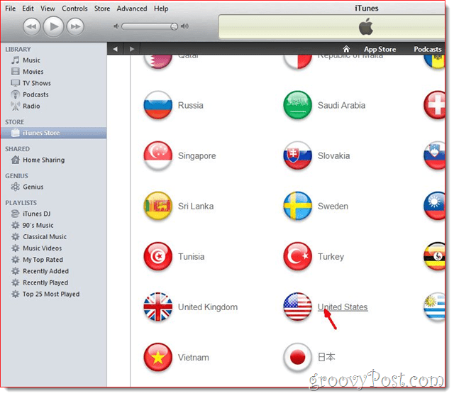 iTunes - kliknij United States Flag